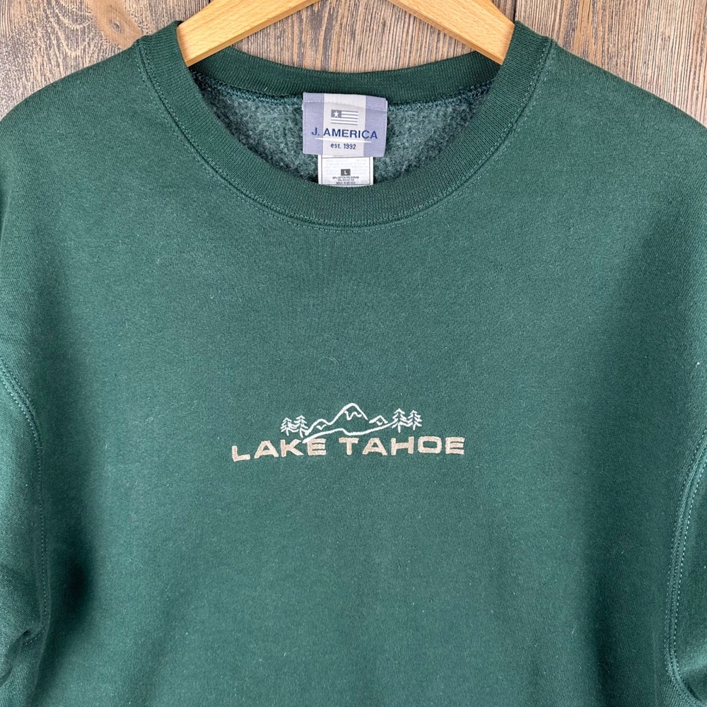 Lake Tahoe Vtg Embroidered Sweatshirt Forest Green Crewneck Large J America
